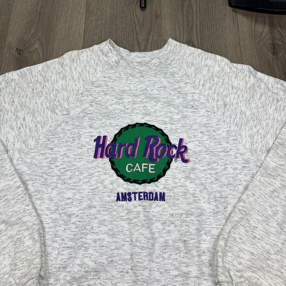 Vintage Hard Rock Amsterdam Heather Gray Sweatshirt Crewneck Embroidered Large - Picture 2 of 7
